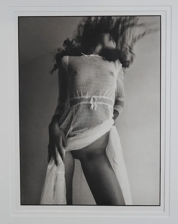 NICK ROSS  (Contemporary)  semi-nude female in white lace dress, flicking back her curls. two platinum prints, Studio 31 embossed stamps on margins, m
