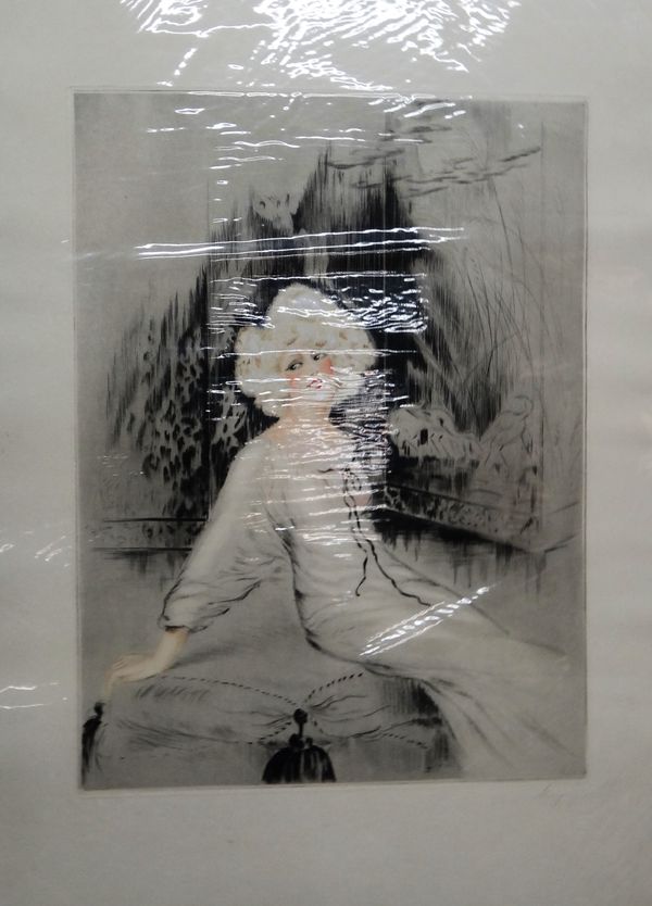 ** Abeliy (20th century), Lady in white, colour etching, signed, 59cm x 43.5cm.; together with two further works by the same hand.(3)