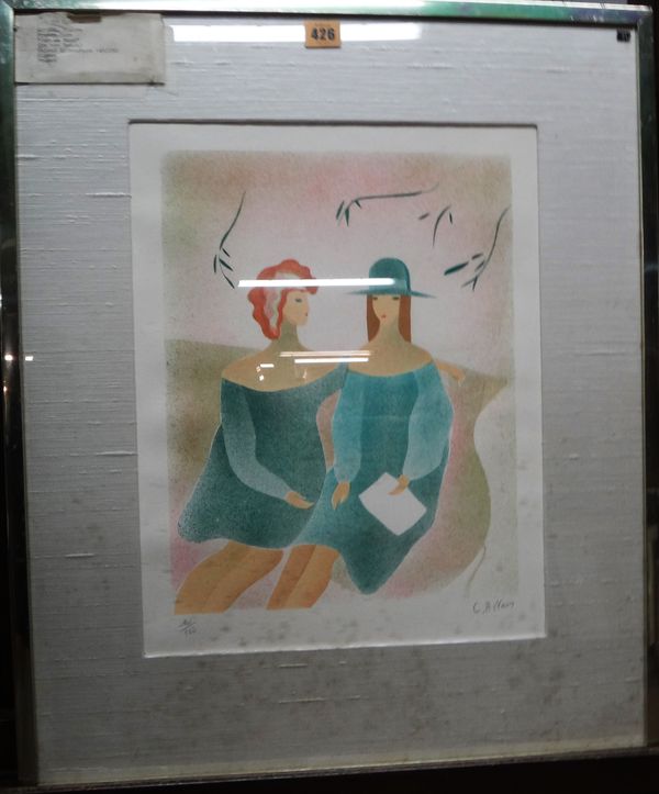 Claire Astaix (French, 20th century), Sur le Bane, colour lithograph, signed, 38cm x 30cm.; together with three further lithographs by the same hand.(