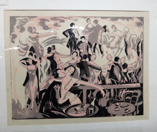 Alice Bailey (20th century), La Tête, colour woodcut, signed, 109/125, 34.5cm x 45cm.; together with two further works, including by Joel Bariller.(3)