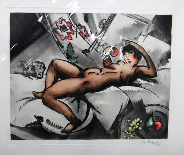 A Batisti (French, 20th century), Reclining nude, colour lithograph, signed, 29.5cm x 27.5cm.; together with three further lithograpohs by the same ha