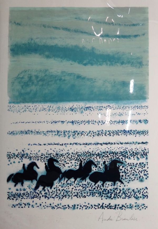 Andre Brasilier (French 1929-2004), Les Chevaux de neptune, colour lithograph signed, 62/100 77cm x 53.5cm; together with three further works by the s