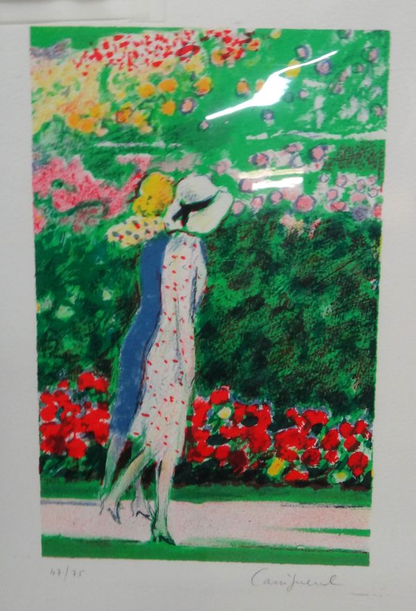 Jean-Pierre Cassigneul (French b.1935), Seated woman in the park with birds, colour lithograph signed 52cm x 39.5cm; together with a further 6 works b