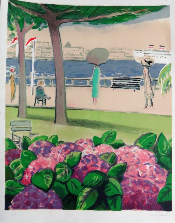 Jean-Pierre Cassigneul (French b.1935), Promenade colour lithograph signed 65cm x 51cm; together with four further works by the same hand and an empty