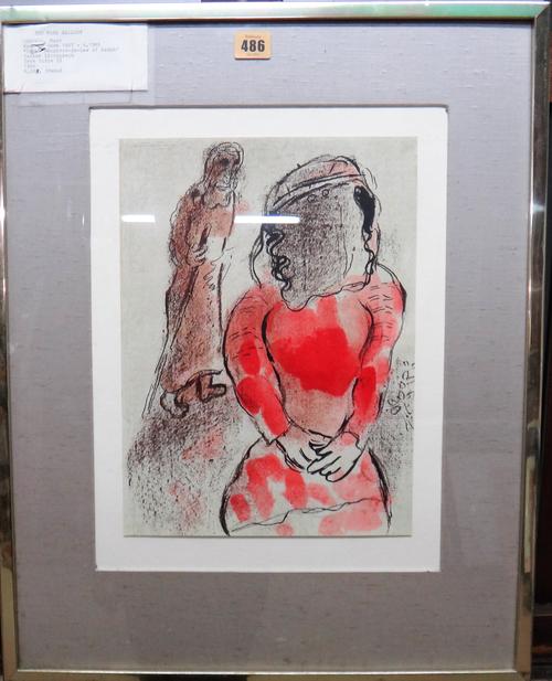 Marc Chagall (French, 1887-1985) Bible II: Tamar , Daughter-in-law of Judah, David saved by Michael and Ahasuerus sends Vashti away, 3 colour lithogra