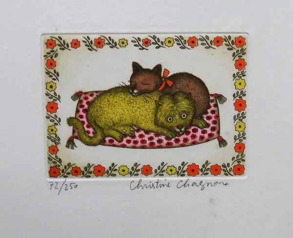 Christine Chagnoux (French 20th Century) Chat et Chien sur coussin, colour etching signed, 72/250 10cm x 13.5cm; together with three further works by