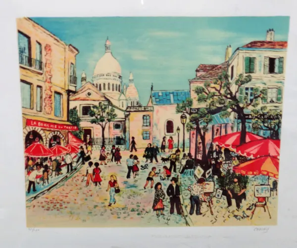 ** Chazaly (French 20th century), Montmartre, colour lithograph, signed, 162/250, 40cm x 49cm.; together with further works by Silvian Calini, René Ca