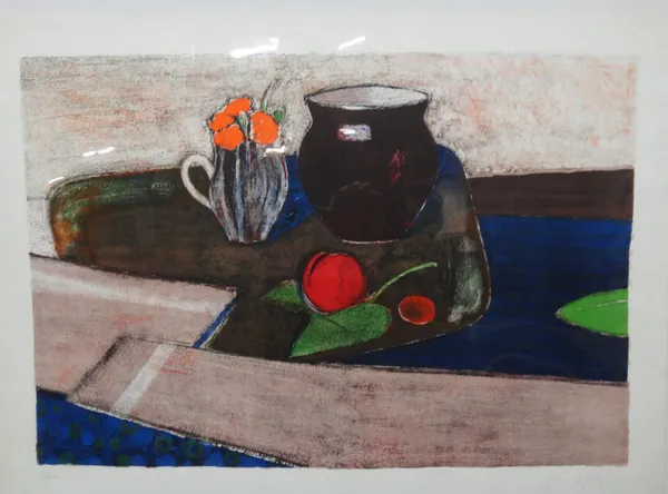 René Genis (French b.1922) Pot Brun, colour lithograph signed, 119/120 45cm x 66.5cm; together with four further works by Gregoire, Robert Gillmour, G