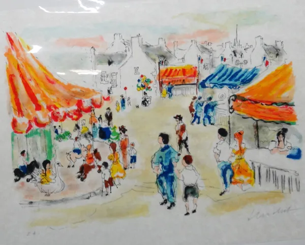 Urbain Huchet (French 1930- ), La fete en village, colour lithograph signed, 45cm x 65cm; together with a further 8 works by the same hand. (9)