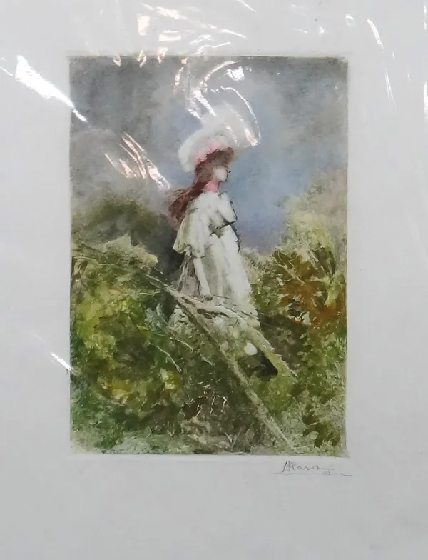 Pompeo Mariani (Italian 1857-.1927), Ragazza Vestita di Bianca, colour monotype, signed, 26.5cm x 19cm.; together with 'La Piccola Lavandia' by the sa
