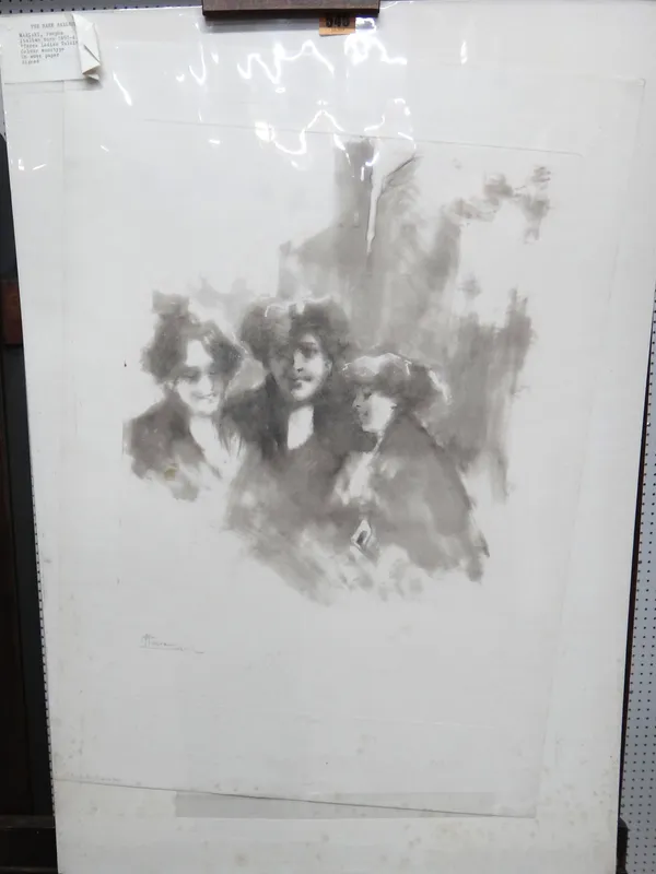Pompeo Mariani (Italian 1857-.1927), Three ladies talking, colour monotype, signed,54.4cm x 44cm.; together with 'Ornato di Piume con Altra Studii' by