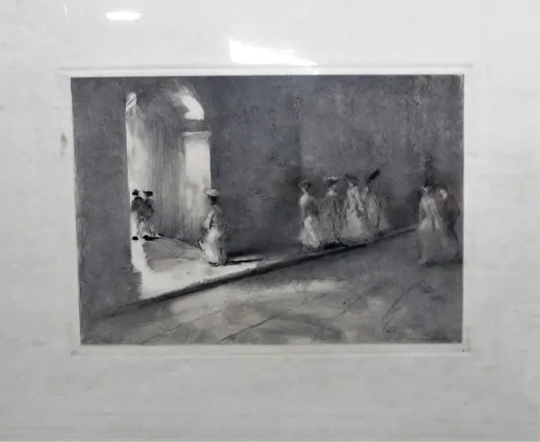Pompeo Mariani (Italian 1857-.1927), The Rendezvous, colour monotype, signed, 24.5cm x 34.5cm.; together with 'Walking in the Park' and 'Nella Piogia'