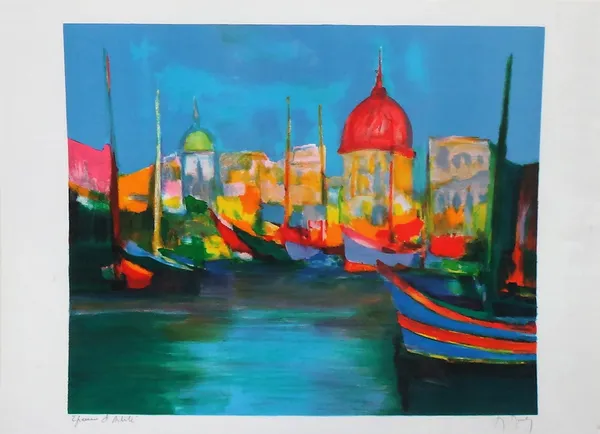 Marcel Mouly (French b.1918), Venice, colour lithograph, 47cm x 58cm.; together with two further works by the same hand.(3)