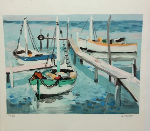 Georges Palmeira (French b.1922), Marina, colour lithograph, signed, 229/250, 34cm x 45.5cm.; together with four further prints by H. H. Petelin, Poul