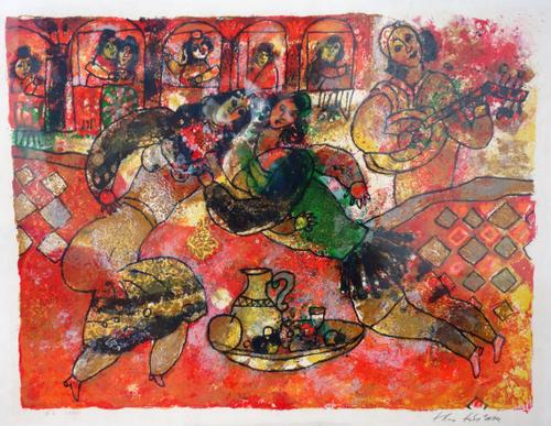 Theo Tobiasse (Israeli, 1927-2012), Happy scenes, a pair, colour lithographs, both signed, numbered LXXXII, each 50cm x 65cm.; together with a further