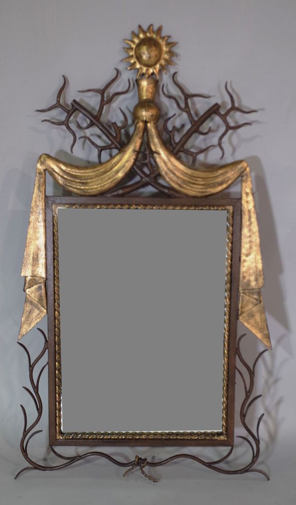 A 20th century metal and parcel gilt rectangular wall mirror, with vine and sunburst decoration, 72cm wide x 129cm high.