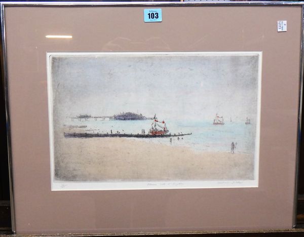 Michael Blaker (20th century), Pleasure boats at Brighton, colour etching, signed, inscribed and numbered, 23cm x 37cm.