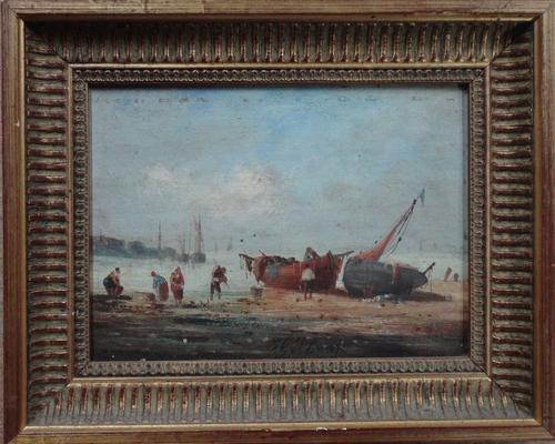 A group of three 20th century oils, including a view of a dockside at dusk, oil on panel, unframed; A view of houses on the edge of an Italianate lake