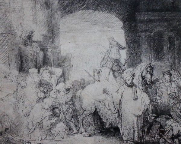 After Rembrandt, The Triumph of Mordecai, etching, 16.5cm x 20.5cm.; together with a further print after Rembrandt, and another after Whistler.(3)