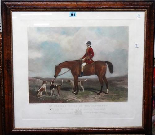 After W. H. Barraud, Mr Charles Davis on 'The Traverser', engraving with hand colouring, 47cm x 54cm.; together with a watercolour of horses in a stab