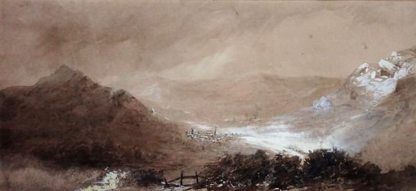 Attributed to Samuel Palmer (1805-1881), Abergavenny from Sugar Loaf, sepia watercolour, 15cm x 32cm.Provenance: Collection Julia Richmond