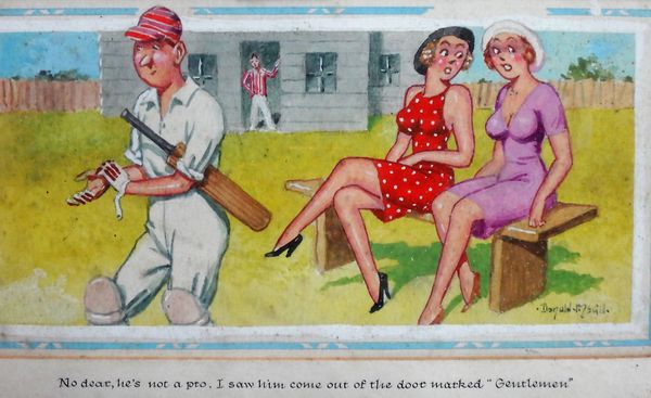 Donald McGill (1875-1962), 'No dear, he's not a pro, I saw him come out of the door marked "Gentlemen"', gouache, signed, 11.5cm x 22cm. DDS