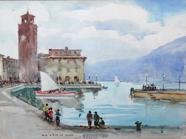 Giulio Falzoni (1900-1978), Sera a Riva sul Garda, watercolour, signed, inscribed and dated '50, 34cm x 46cm. DDS