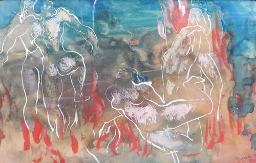 Attributed to Pedro Pruna (1904-1977), l'Enfer, gouache, bears a signature, 12.5cm x 19cm.; together with  figure studies signed J. Fen and dated '29
