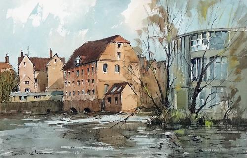 Edward Wesson (1910-1983), The Yvonne Arnaud Theatre and riverside, Guildford, pen, ink and watercolour, signed, 32cm x 50cm. DDS