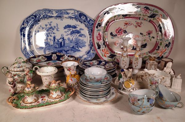 A quantity of mostly early 20th century ceramics, including; a Worcester style blue part dinner service, a bisque figure of a women, another Bisque fi