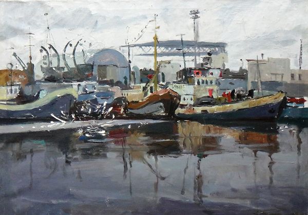 Russian School (20th century), Dock scene, oil on canvas, signed in cyrillic, inscribed and dated 1988 on reverse, unframed, 59cm x 83cm.