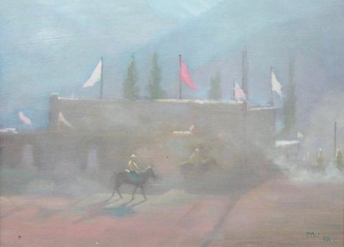Pip Todd-Warmoth (b.1962), Horses exercising, oil on board, signed with initials and datred '94, 22cm x 30cm. DDS