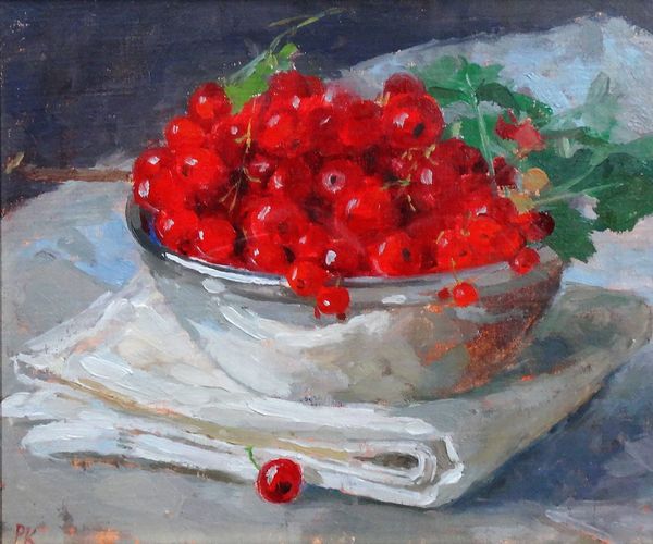 Pamela Kay (b.1939), Still life of redcurrants in a dish with napkins, oil on board, signed with initials, 14.5cm x 16.5cm. DDS