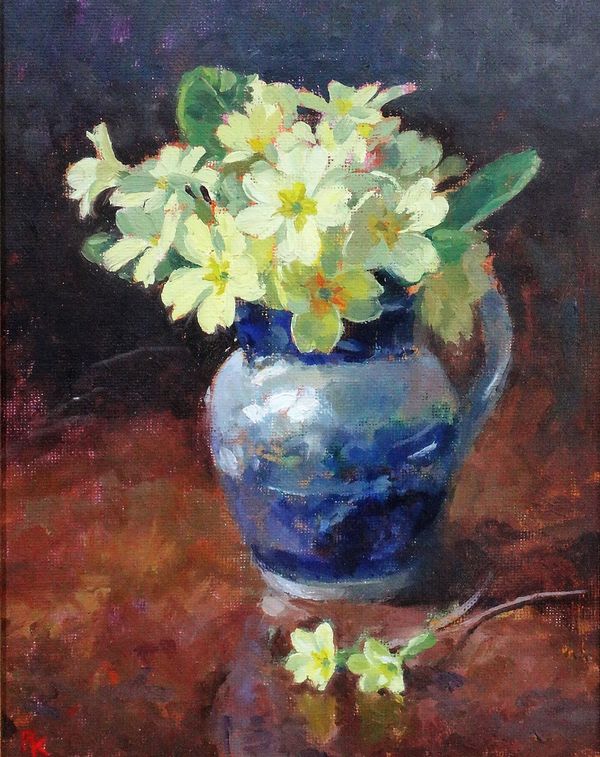 Pamela Kay (b.1939), Still life of primroses in a Spode jug, oil on board, signed with initials, 22.5cm x 16.5cm. DDS