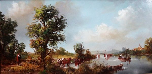 H. Baumann (20th century), The Peace of the Countryside; Ferrying the hay, a pair, oil on panel, both signed, each 14.5cm x 29cm.(2)Provenance: with E