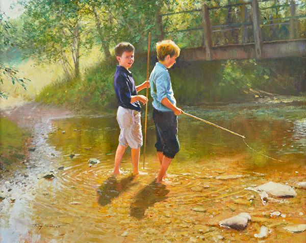 Tony Sheath (b.1946), Two boys fishing, oil on canvas, signed, 39cm x 49cm.  DDS  Illustrated