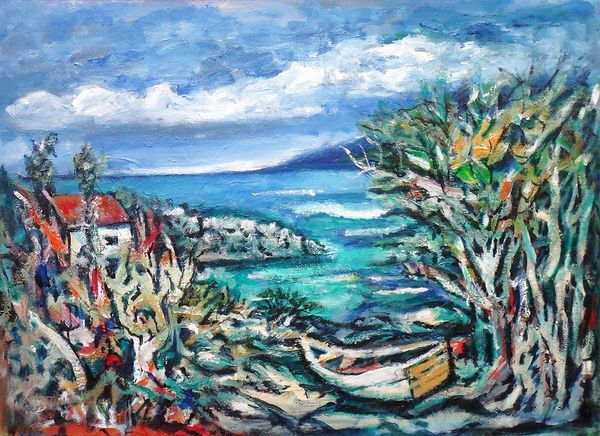 R** Maurice (20th century), Coastal landscape, oil on board, signed, 80cm x 110cm.