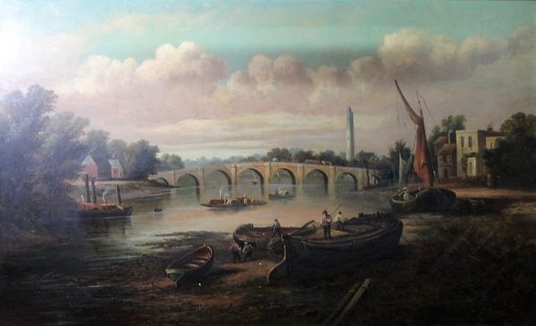 R. Montague (19th century), Old Kew Bridge, oil on canvas, signed, 75cm x 125cm.