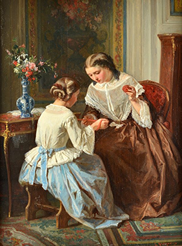 Jules Trayer (1824-1908), Interior with two young ladies coiling wool, oil on panel, signed, 34.5cm x 26cm. Illustrated