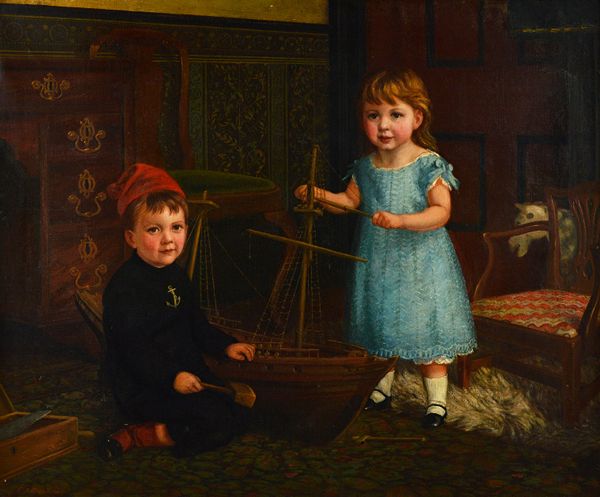 C.J. Durham (1859-1880) The Wreckers, oil on canvas, signed, 99cm x 120cm. Depicted here are siblings George Watters Greene and Alice Norah Gertrude G