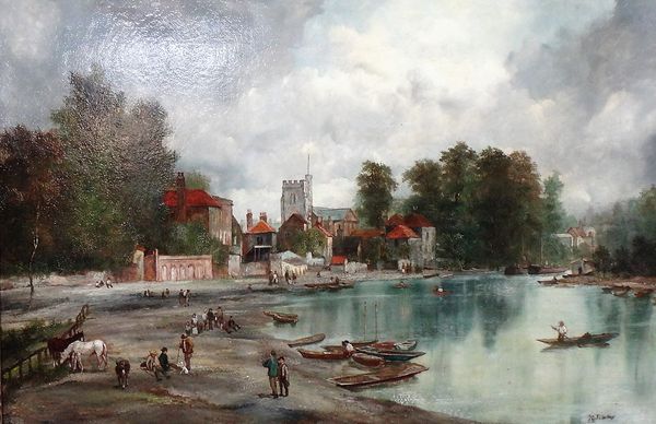 H** C** Friseley (19th century), Busy river scene, oil on canvas, signed, 48.5cm x 74cm.