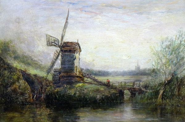 Follower of David Cox, River landscape with windmill, oil on panel, 17cm x 25.5cm.