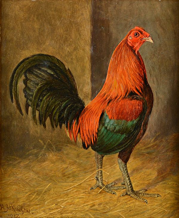 Herbert Atkinson (d.1936), Portrait of a fighting cock, oil on canvas laid on board, signed and dated 1927, 35cm x 28cm.  Illustrated