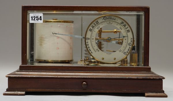 A mahogany cased barograph, early 20th century, unsigned, with frieze drawer to the plinth base, 37cm wide.