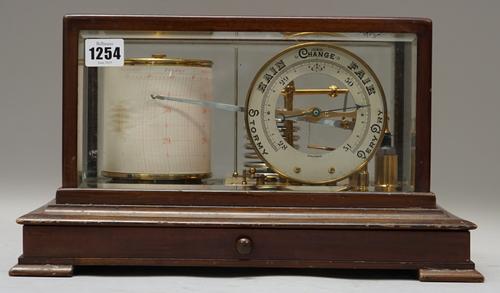 A mahogany cased barograph, early 20th century, unsigned, with frieze drawer to the plinth base, 37cm wide.