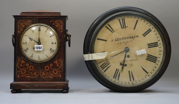 A rosewood and foliate inlaid mantel clock, 19th century, with a single train fusee movement, 35cm high and a 19th century ebonised mahogany dial cloc