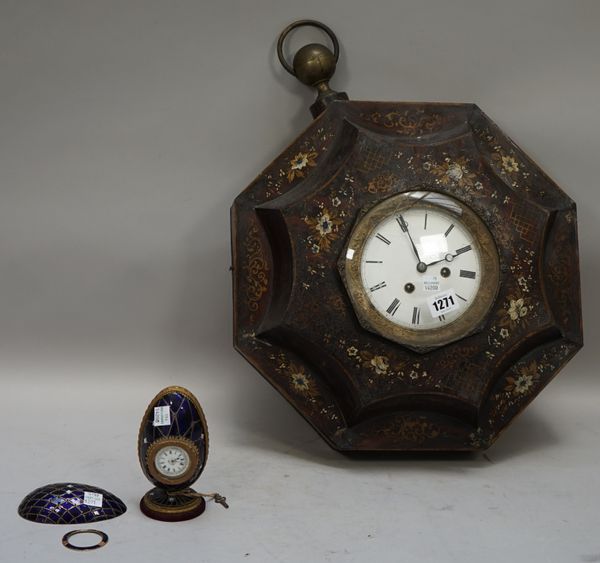 A mid-19th French simulated tortoiseshell and Tôle Peinte octagonal striking sedan clock, painted with flowers and a white glazed circular enamel dial