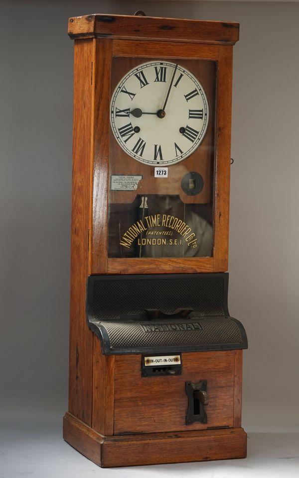 A 'National' oak cased 'clocking-in' wall clock, by National Time Recorder Co Ltd, LONDON S.E.1, 98cm high,  (one key, one pendulum) Cleaned by P. Hop