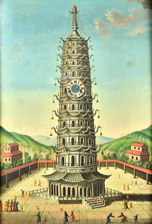 A late 19th century wall mounted 'picture clock', probably German, the plate of polychrome painted oil on copper depicting a Chinese pagoda of nine gr