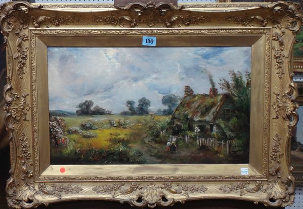 English School (19th/20th century), Children by a cottage in a landscape, oil on canvas, 29cm x 49cm.